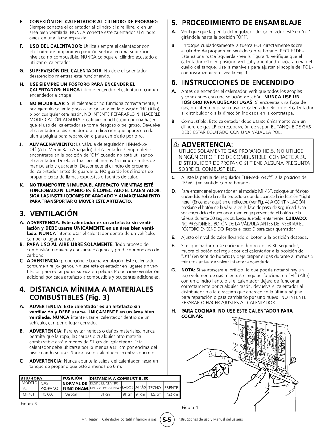 Mr. Heater MH45T Instrucciones De Encendido, Ventilación, Distancia Mínima A Materiales, COMBUSTIBLES Fig, Advertencia 