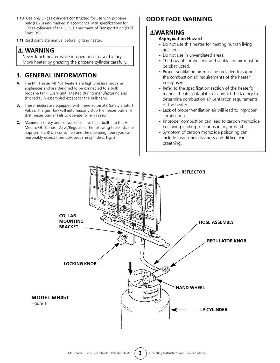 Mr. Heater owner manual General Information, Odor Fade Warning, MODEL MH45T, Collar Mounting Bracket Locking Knob 