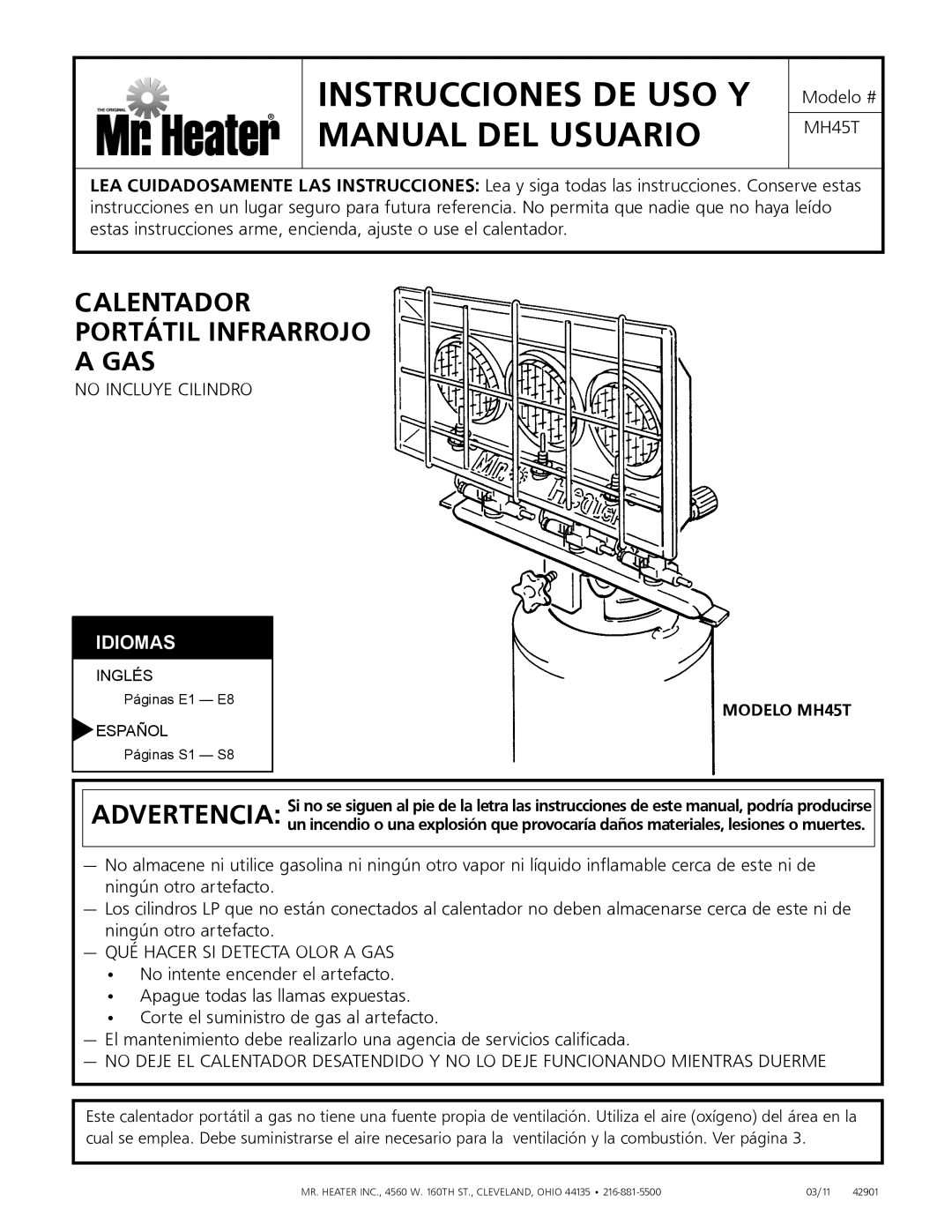 Mr. Heater MH45T owner manual Instrucciones De Uso Y Manual Del Usuario, Calentador Portátil Infrarrojo A Gas, Idiomas 