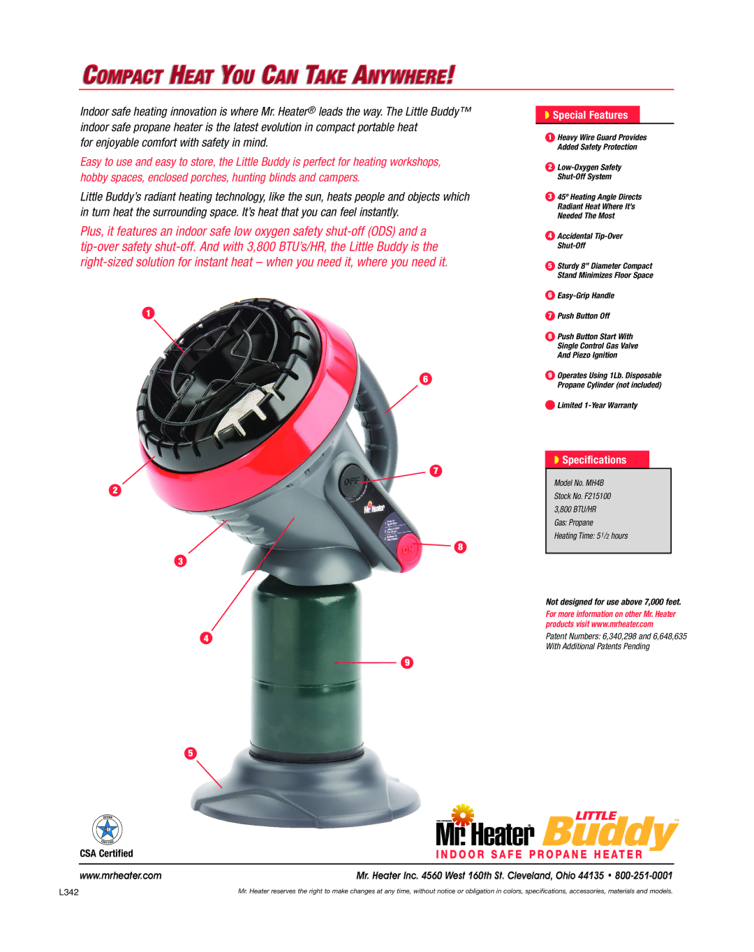 Mr. Heater MH4B manual Compact Heat YOU can Take Anywhere, For enjoyable comfort with safety in mind, Special Features 