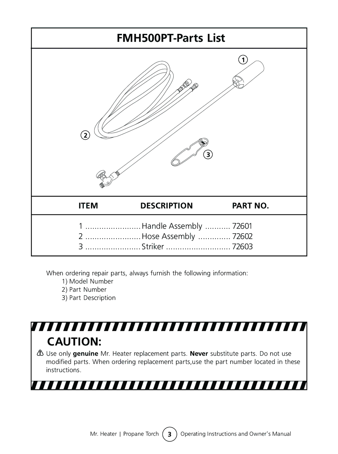 Mr. Heater #MH500PT operating instructions FMH500PT-Parts List, Description 