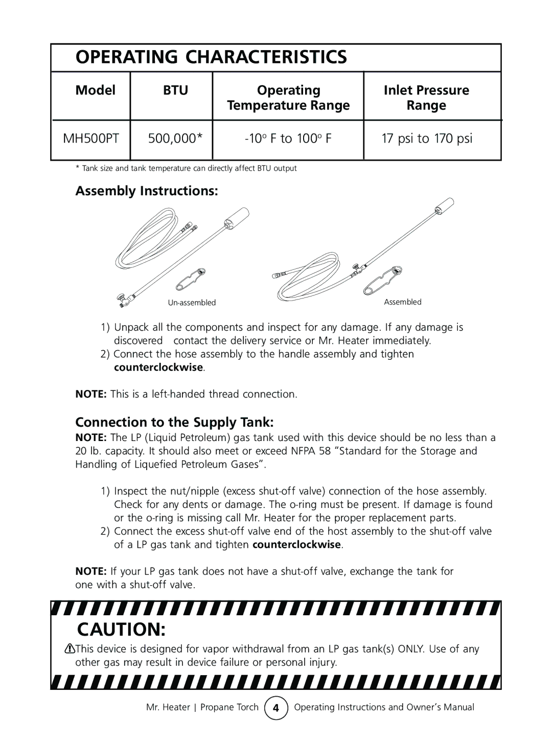 Mr. Heater #MH500PT operating instructions Model, Btu, Operating Temperature Range Inlet Pressure, Assembly Instructions 