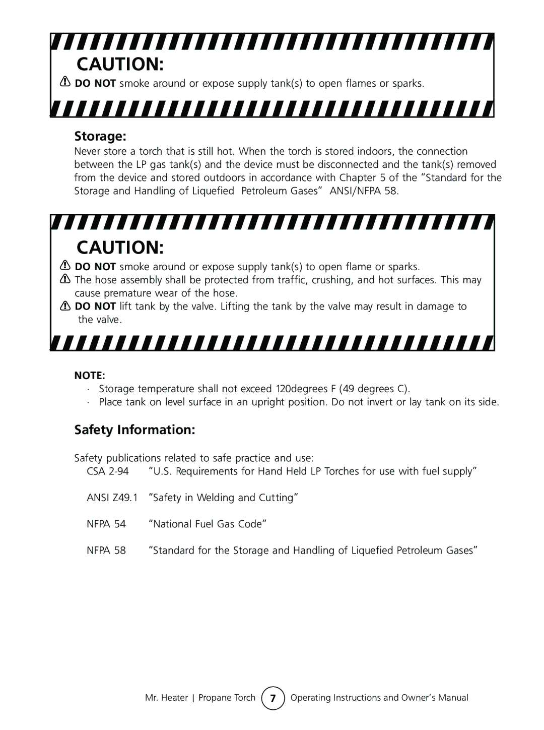 Mr. Heater #MH500PT operating instructions Storage, Safety Information 