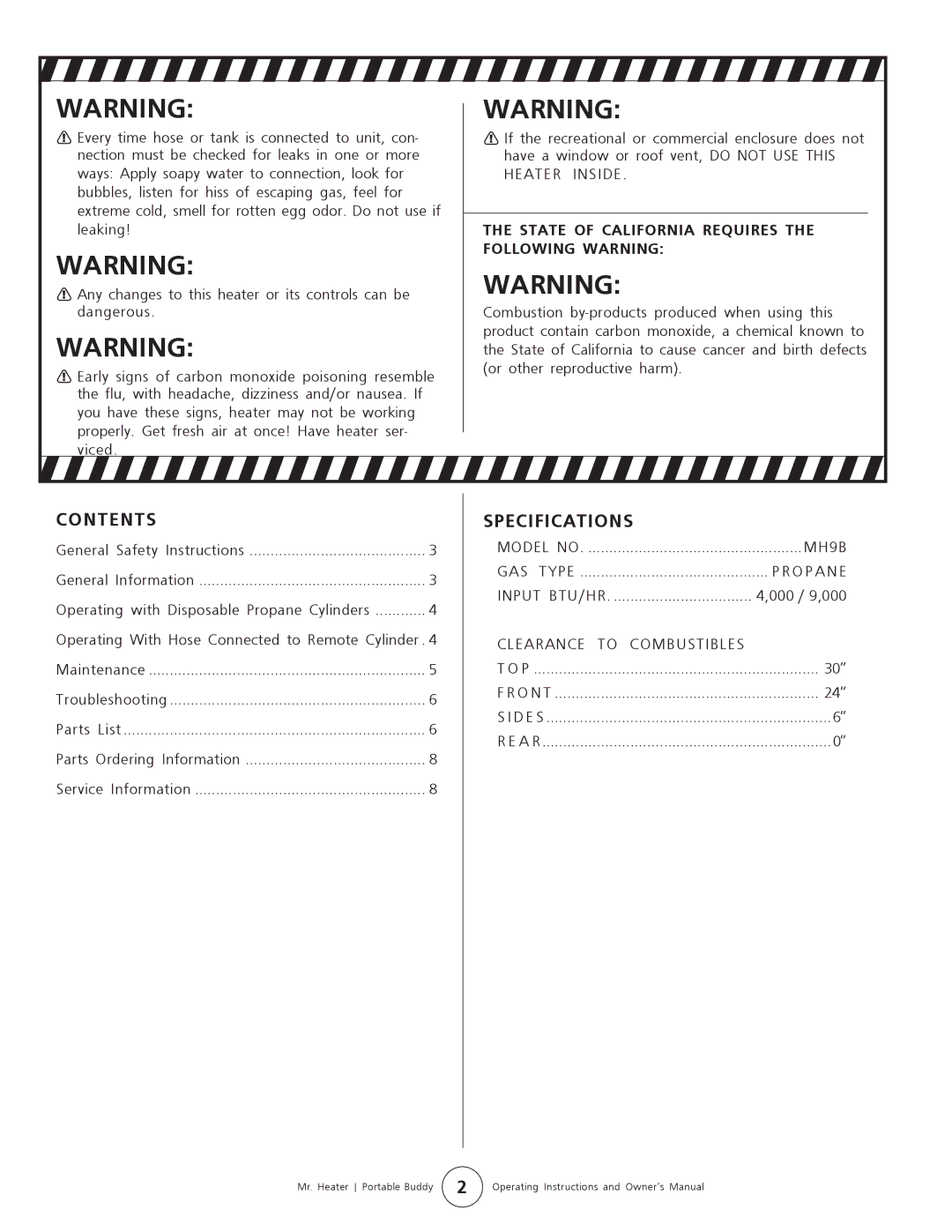 Mr. Heater MH9B owner manual Contents, Specifications 