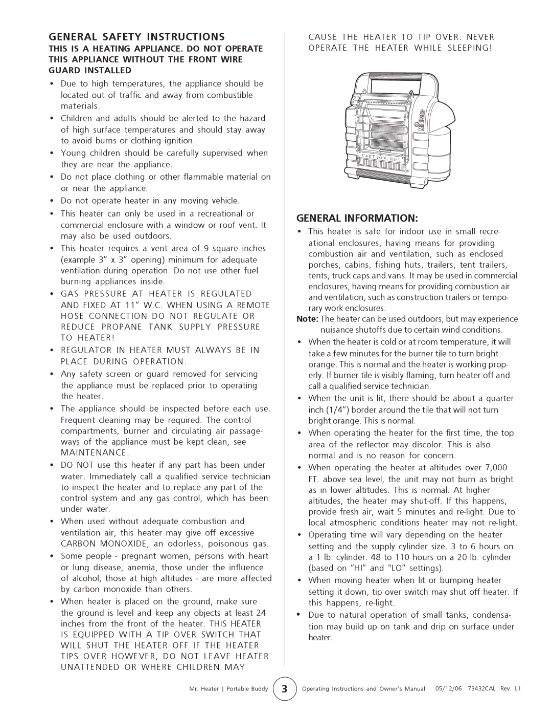 Mr. Heater MH9B owner manual General Safety Instructions, General Information 