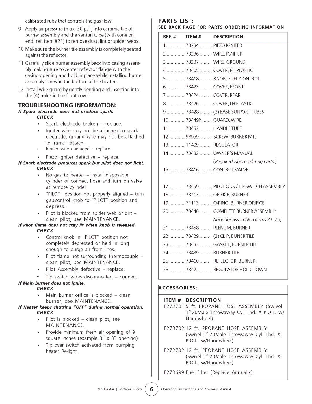 Mr. Heater MH9B owner manual Troubleshooting Information, Parts List, Accessories Item # Description 