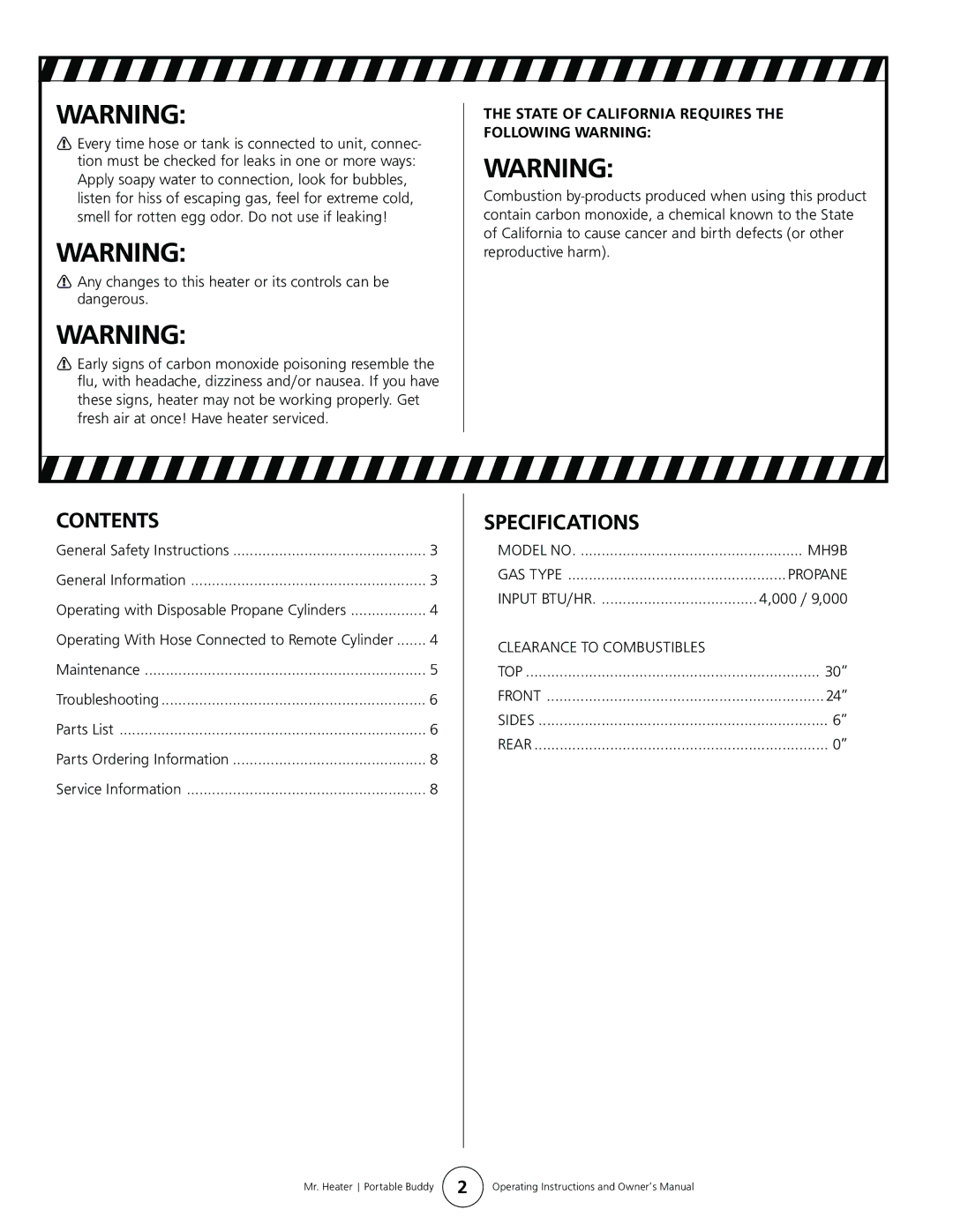 Mr. Heater MH9B owner manual Contents, Specifications 