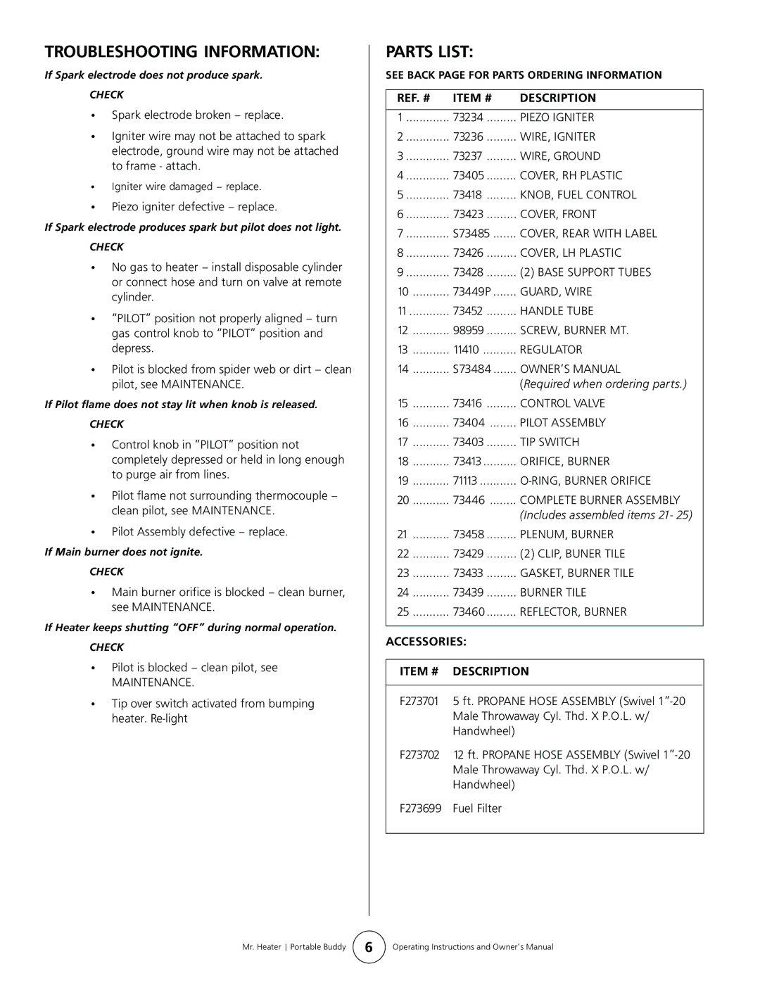 Mr. Heater MH9B owner manual Troubleshooting Information, Parts List, Accessories Item # Description 