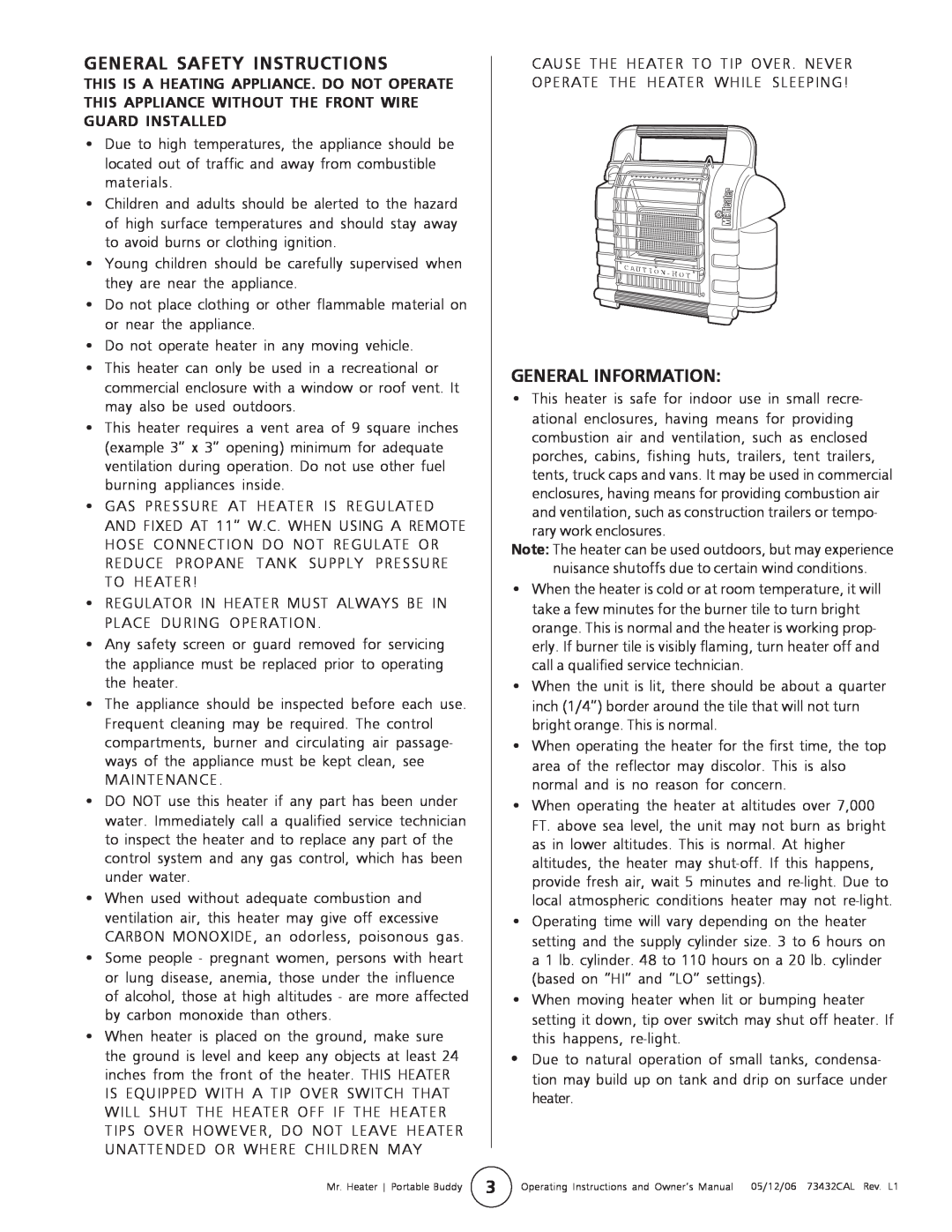 Mr. Heater MH9B owner manual General Safety Instructions, General Information 