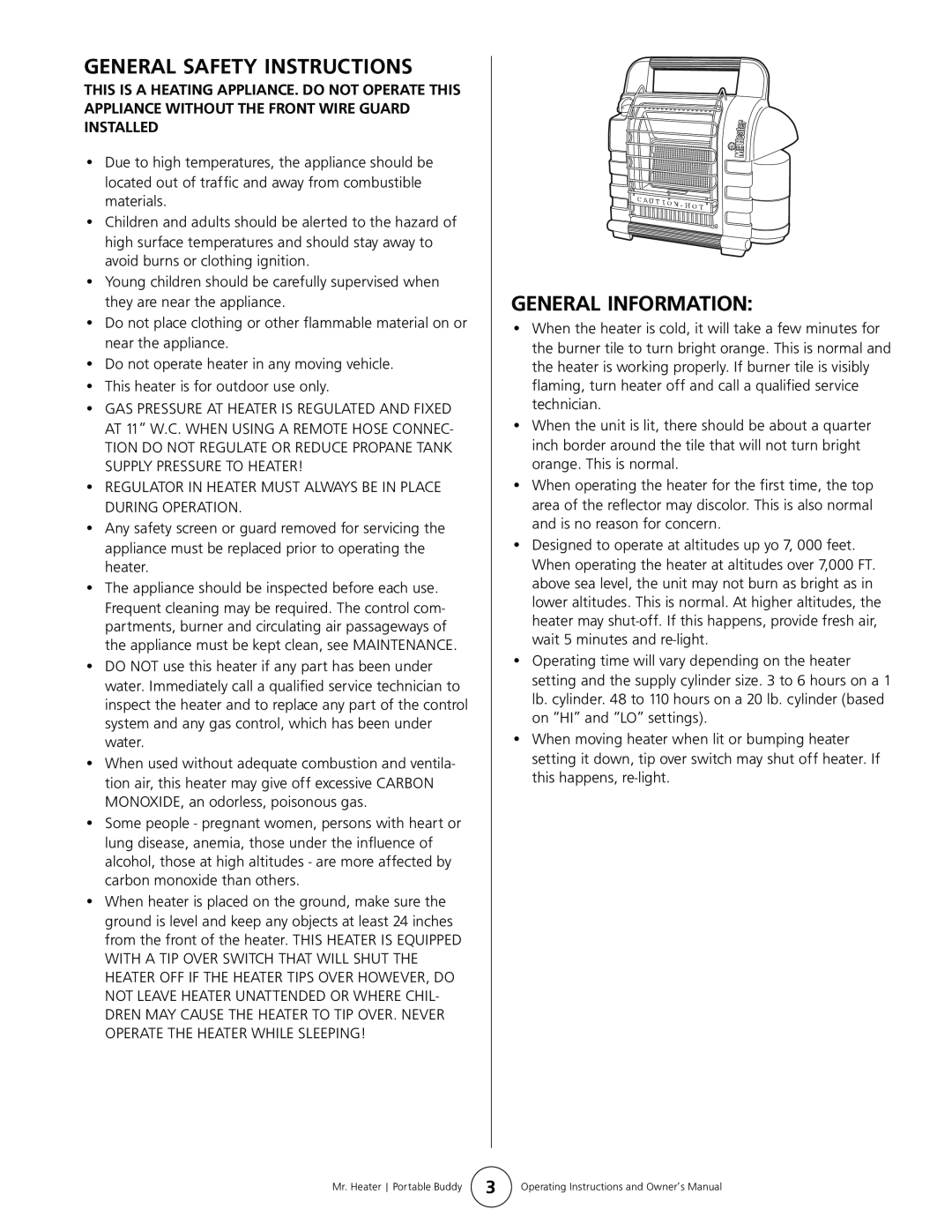 Mr. Heater MH9B owner manual General Safety Instructions, General Information 