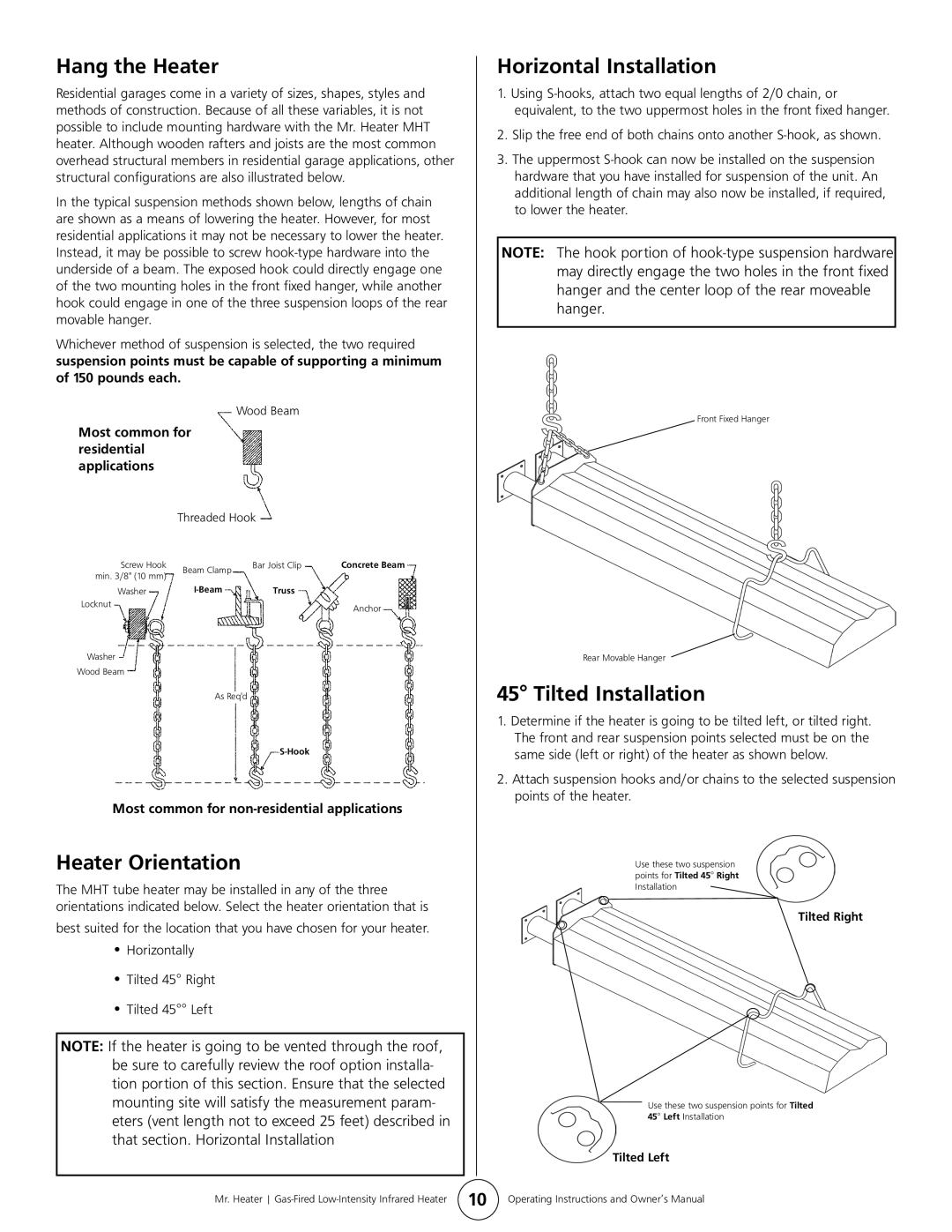 Mr. Heater MHT 45 owner manual Hang the Heater, Heater Orientation, Horizontal Installation, Tilted Installation 