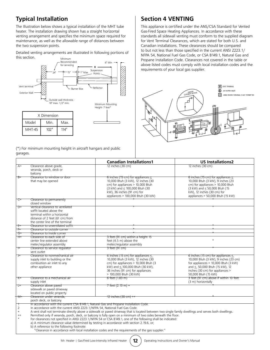 Mr. Heater MHT 45 owner manual Typical Installation Venting, Canadian Installations1 US Installations2, This section 