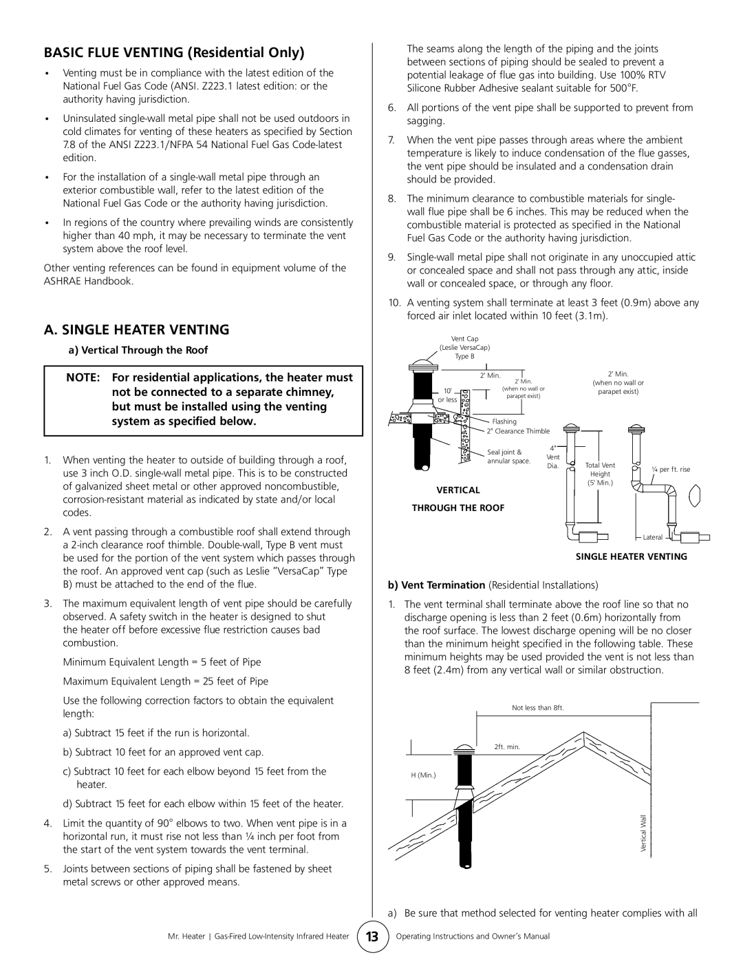 Mr. Heater MHT 45 owner manual Basic Flue Venting Residential Only, Vertical Through the Roof 