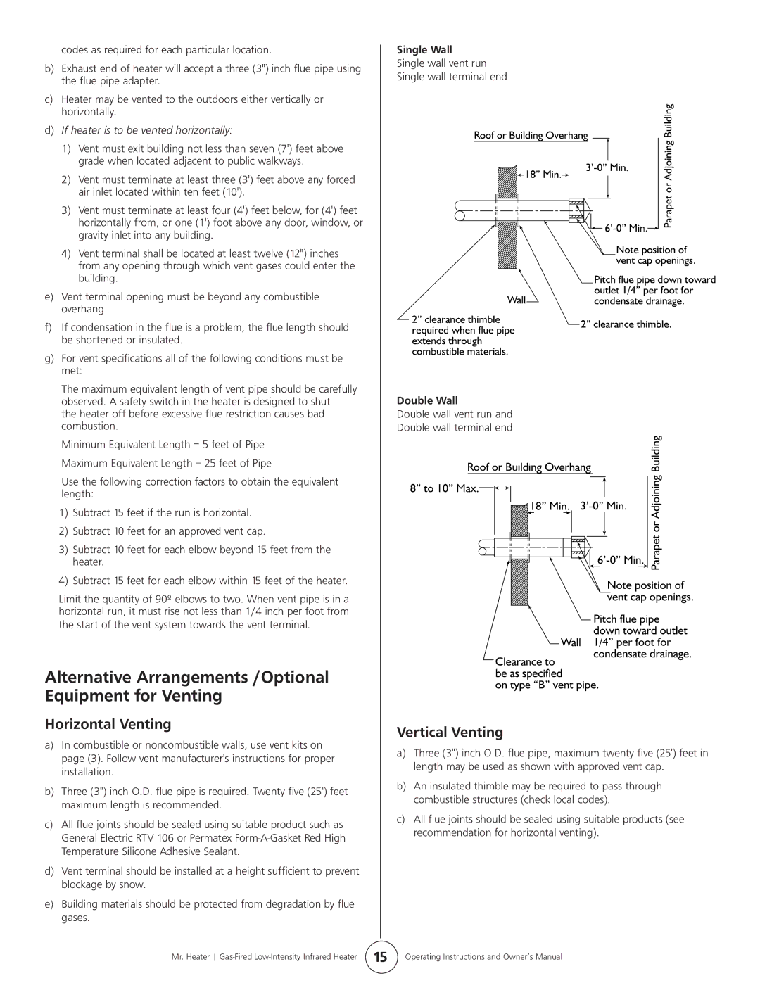 Mr. Heater MHT 45 owner manual Horizontal Venting, Vertical Venting, Single Wall, Double Wall 