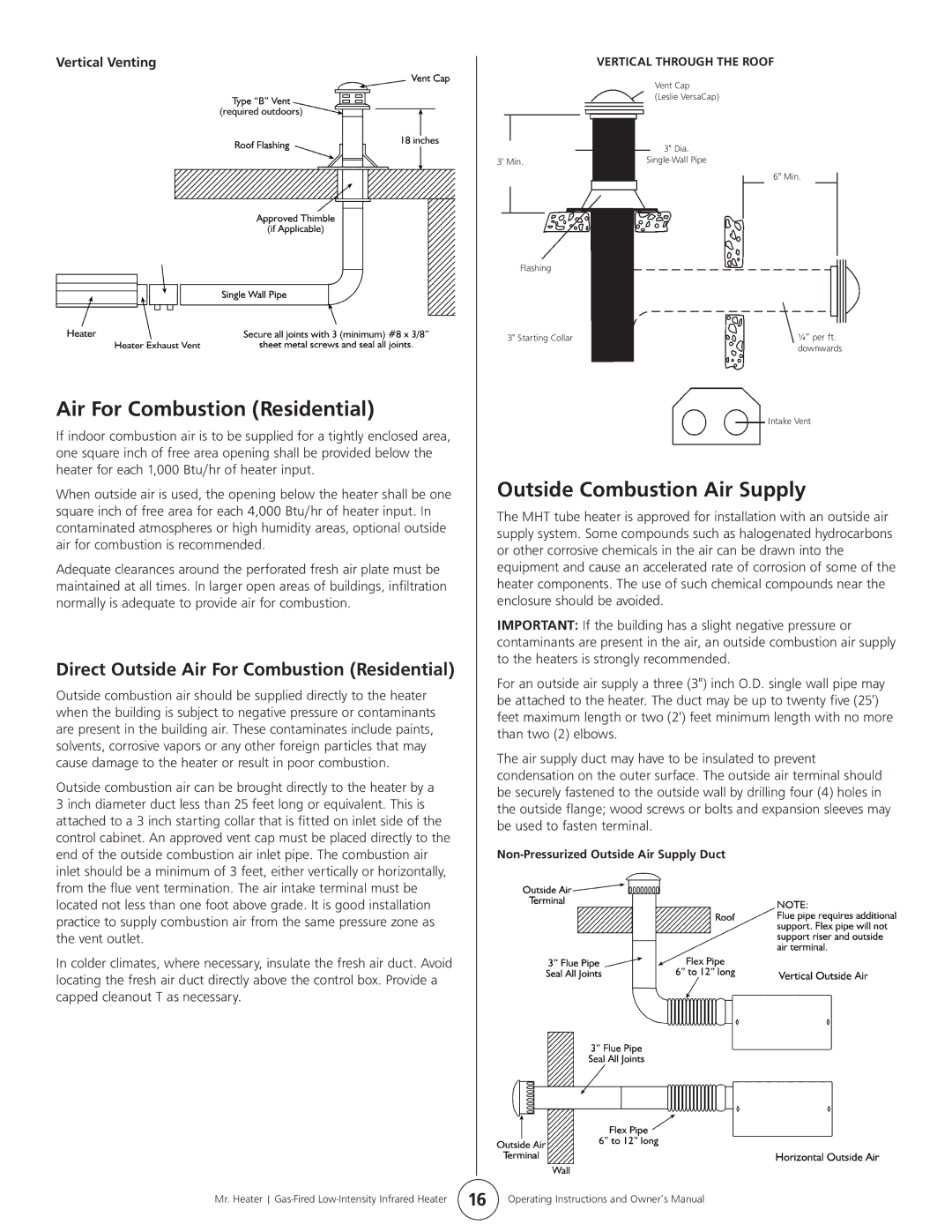 Mr. Heater MHT 45 owner manual Air For Combustion Residential, Outside Combustion Air Supply, Vertical Venting 