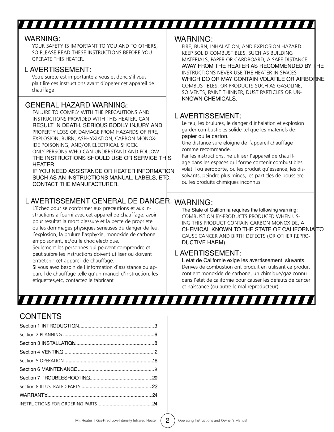 Mr. Heater MHT 45 owner manual Contents 