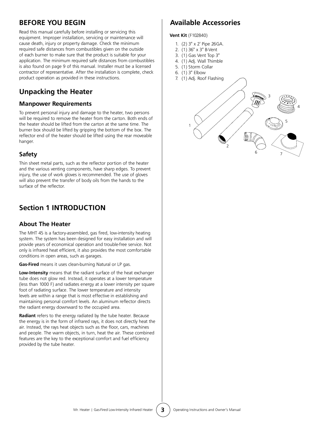 Mr. Heater MHT 45 owner manual Before YOU Begin, Unpacking the Heater, Introduction, Available Accessories 