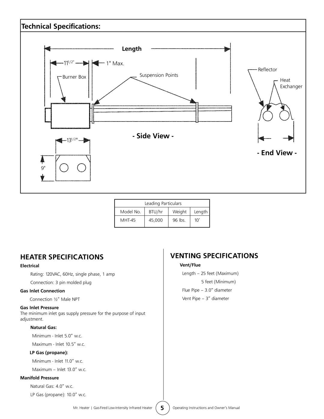 Mr. Heater MHT 45 owner manual Technical Specifications, End View, Heater Specifications, Venting Specifications, Length 