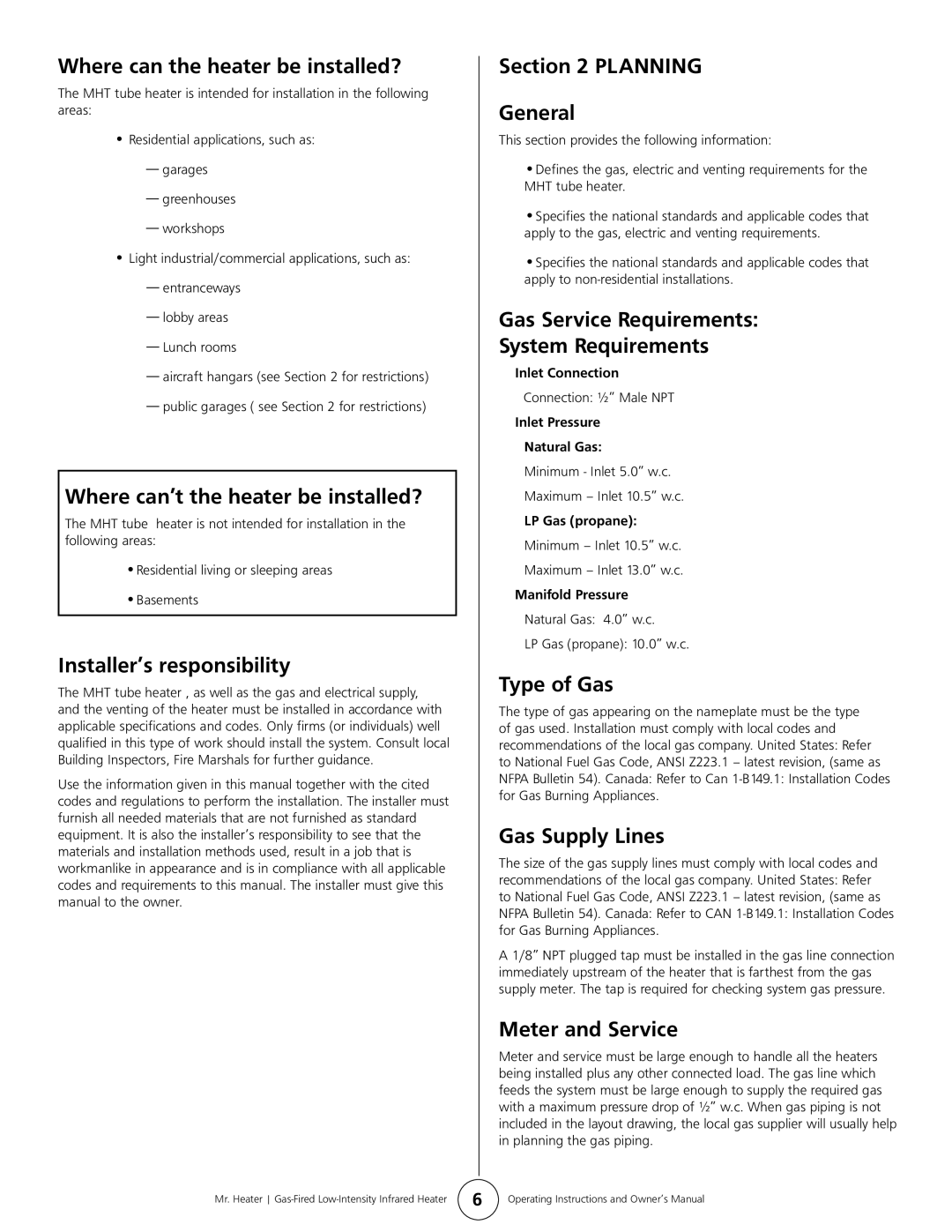 Mr. Heater MHT 45 Where can the heater be installed?, Where can’t the heater be installed?, Installer’s responsibility 