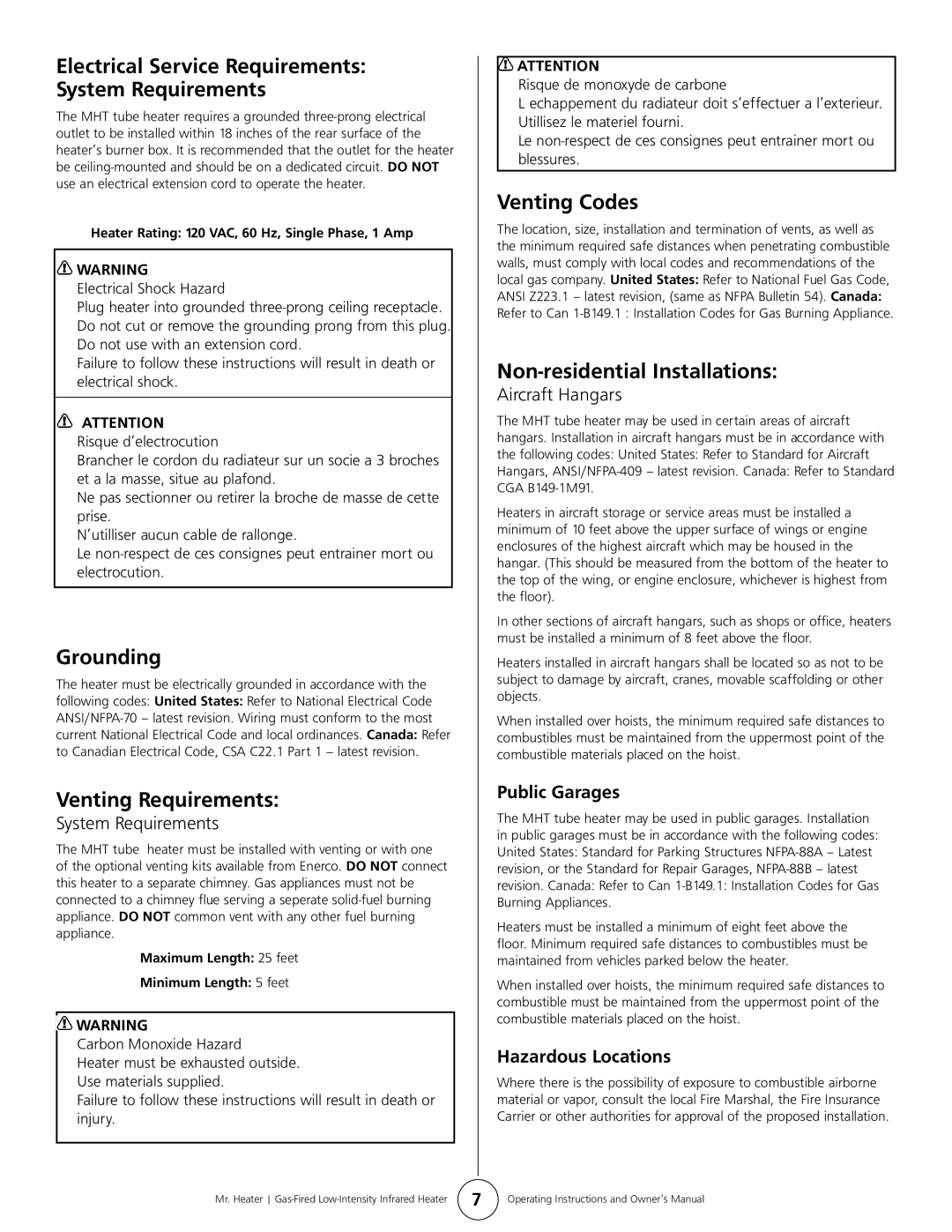 Mr. Heater MHT 45 owner manual Grounding, Venting Requirements, Venting Codes, Non-residential Installations 