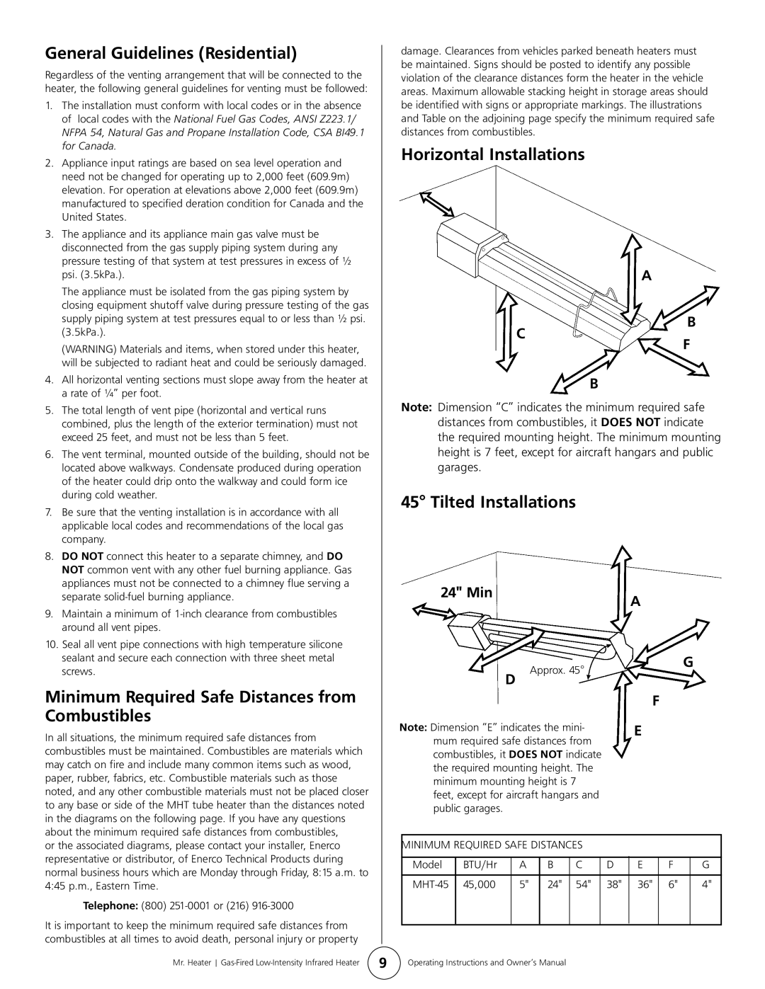 Mr. Heater MHT 45 owner manual General Guidelines Residential, Horizontal Installations, Tilted Installations, 24 Min 