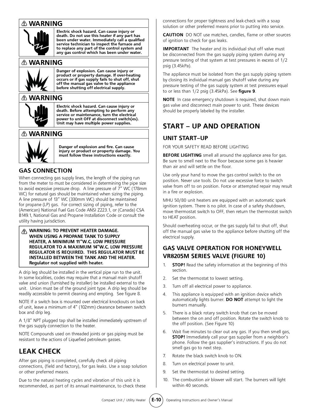 Mr. Heater MHU 50, MHU 80 owner manual Leak Check, Start UP and Operation, GAS Connection, Unit START-UP 