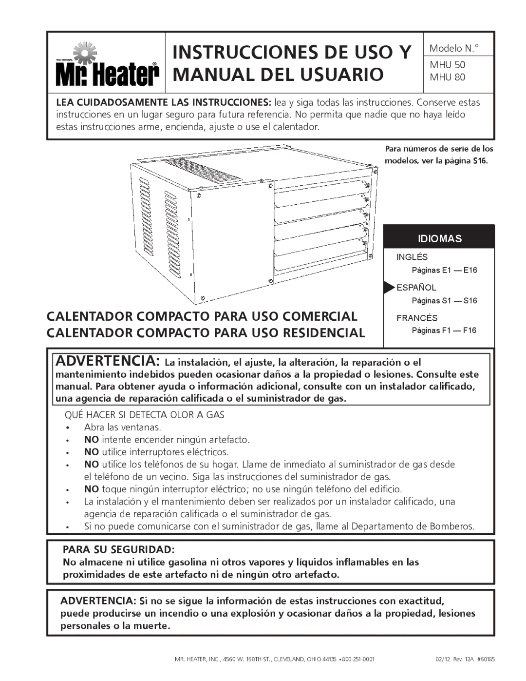 Mr. Heater MHU 80, MHU 50 owner manual Instrucciones DE USO Y Manual DEL Usuario, Para SU Seguridad 