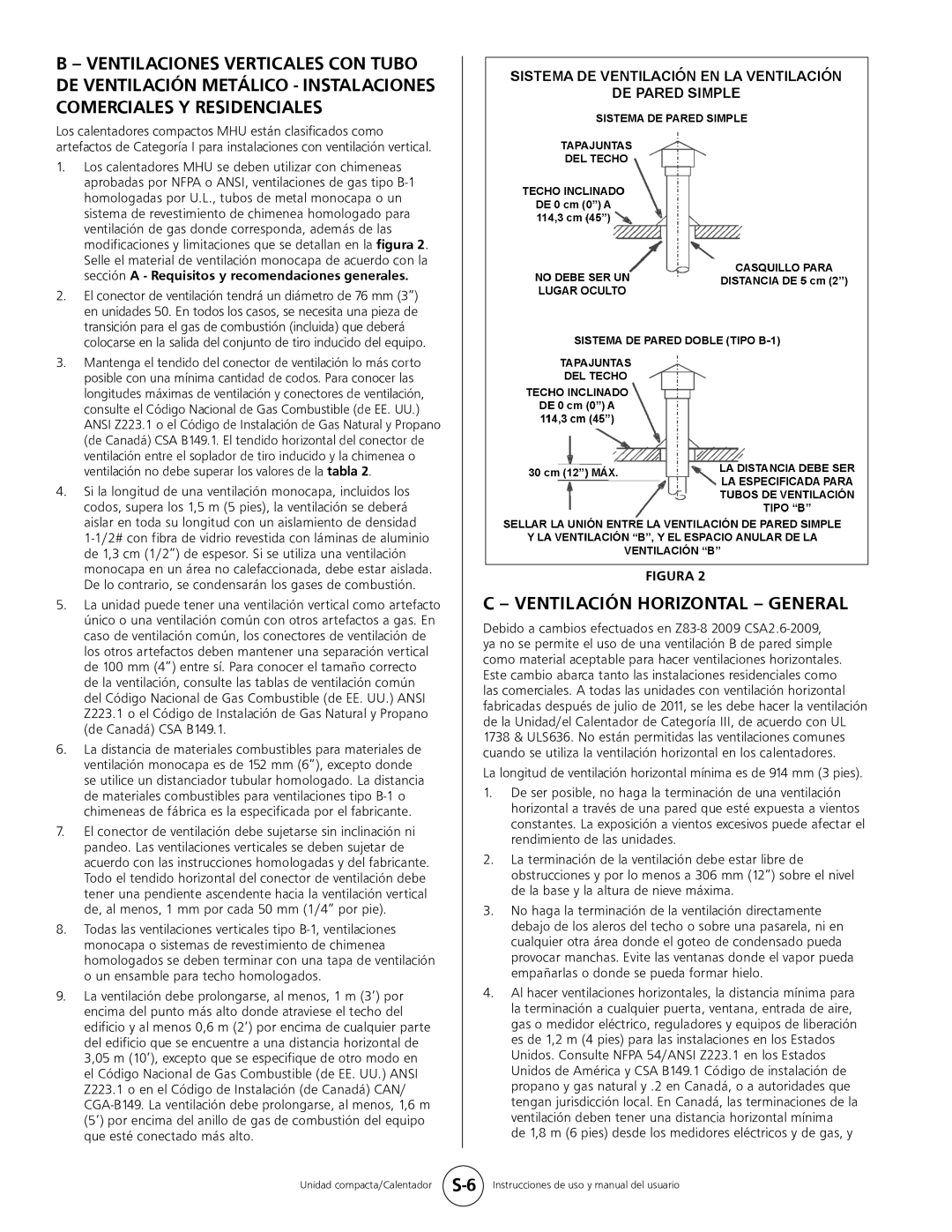 Mr. Heater MHU 50, MHU 80 owner manual Ventilación Horizontal General 