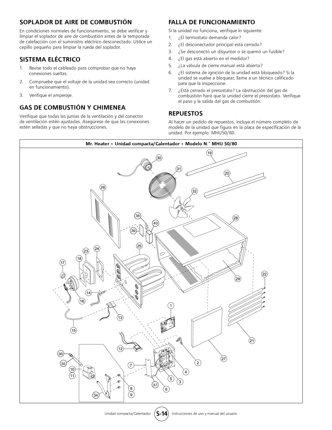 Mr. Heater MHU 50 Soplador DE Aire DE Combustión, Sistema Eléctrico, GAS DE Combustión Y Chimenea, Falla DE Funcionamiento 