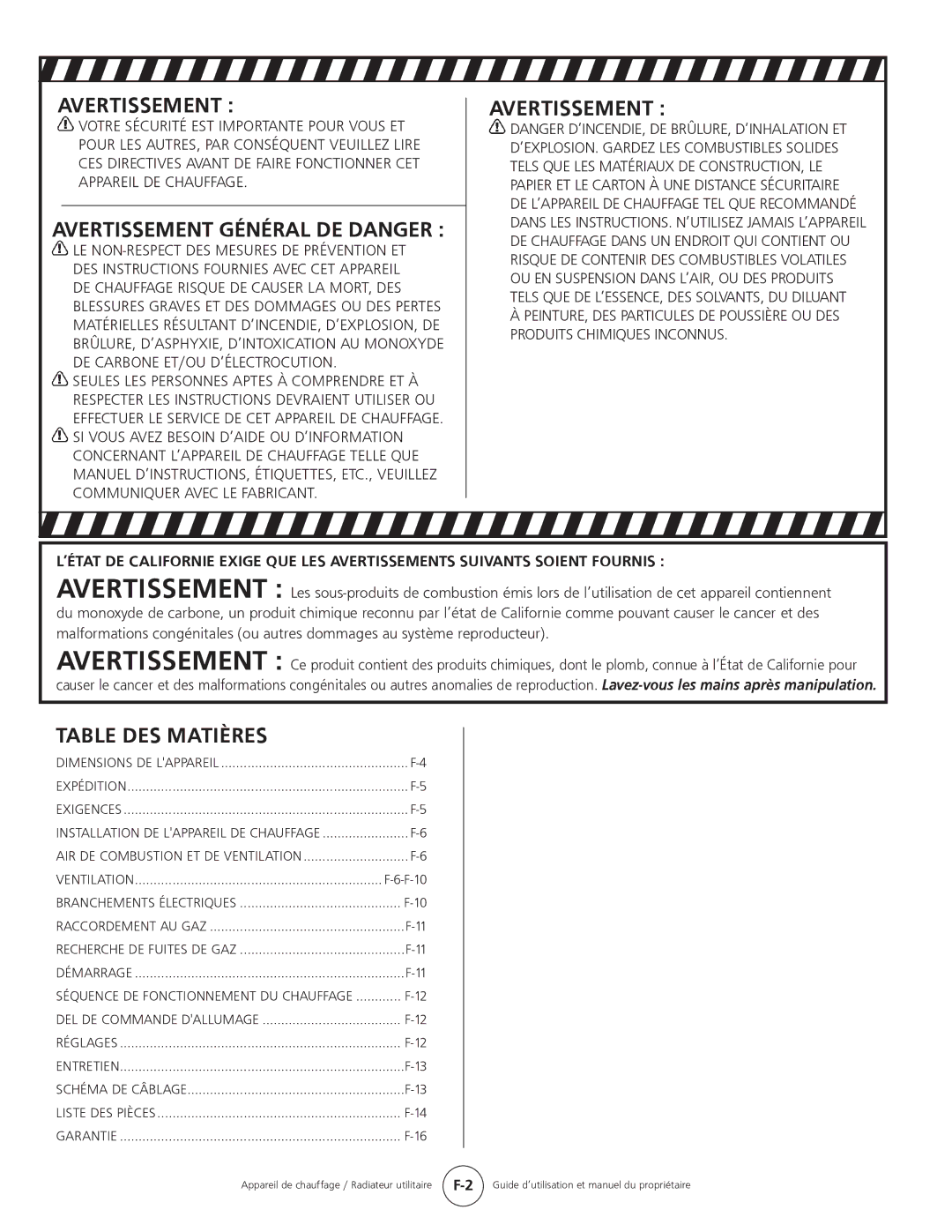 Mr. Heater MHU 50, MHU 80 owner manual Table DES Matières, Avertissement Général DE Danger 