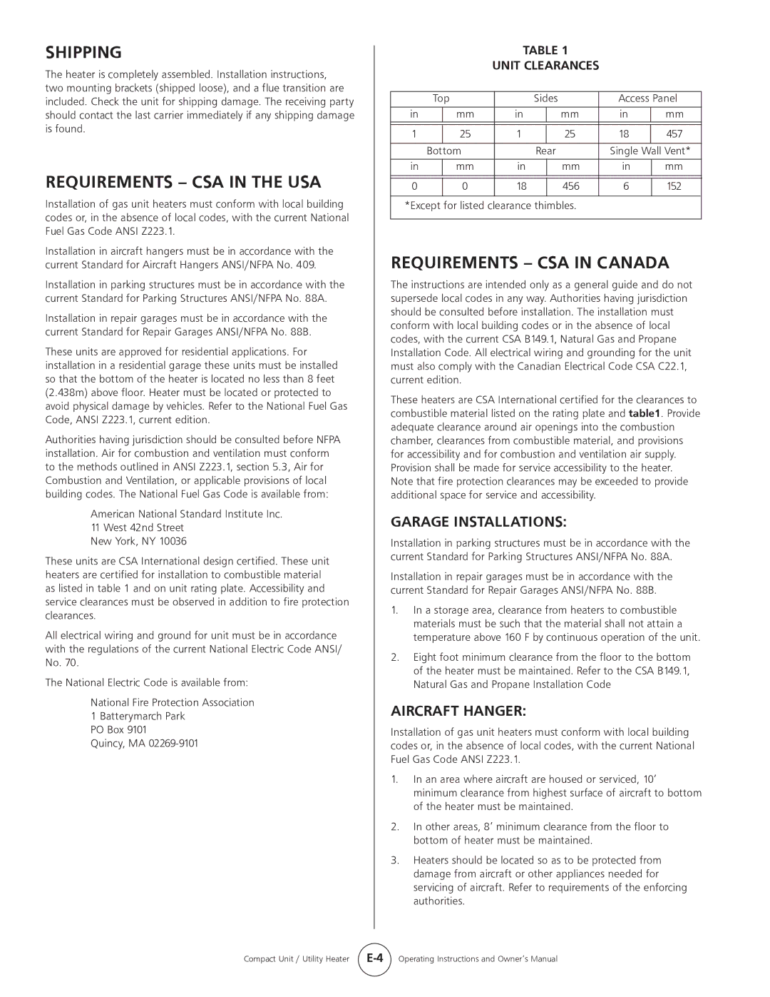 Mr. Heater MHU 50 Shipping, Requirements CSA in the USA, Requirements CSA in Canada, Garage Installations, Aircraft Hanger 