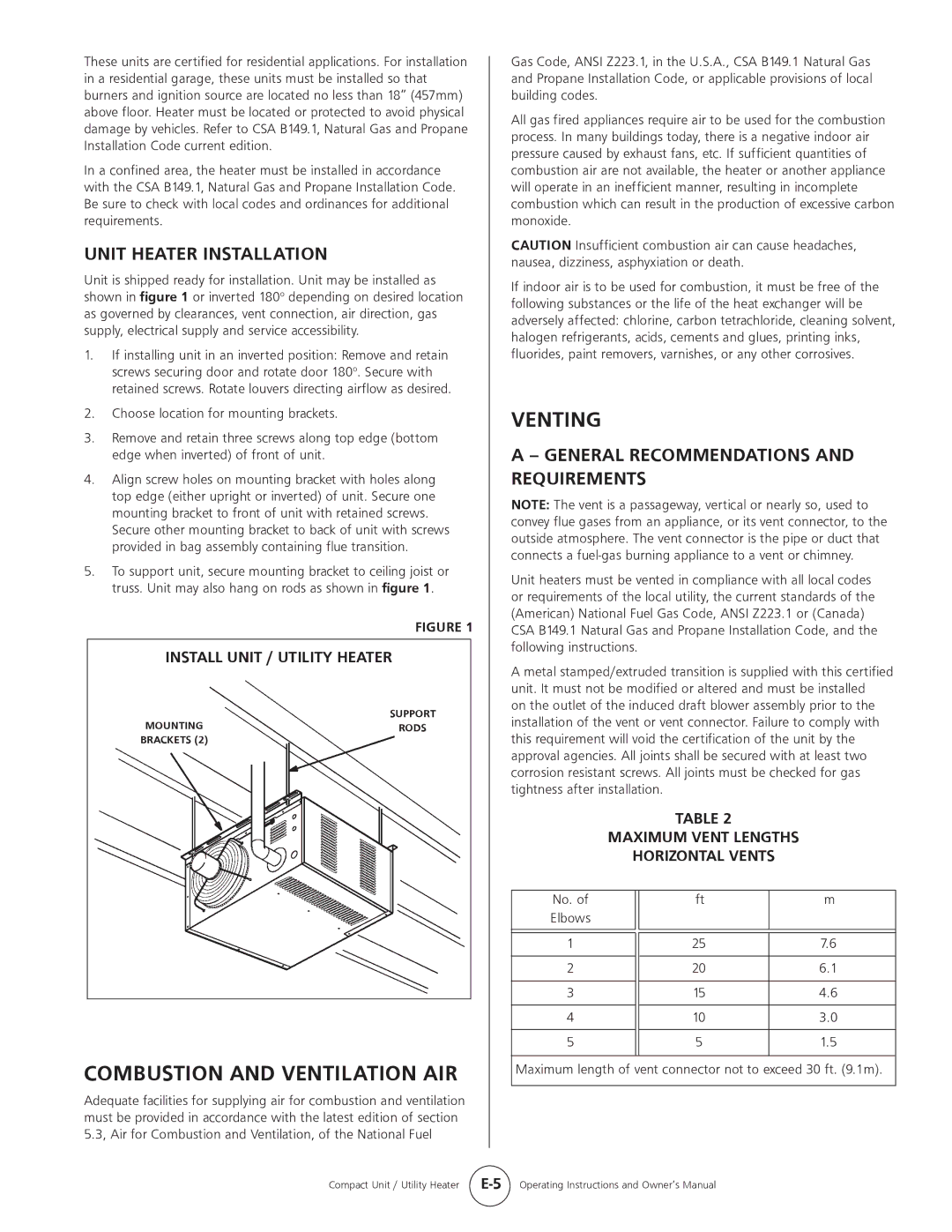 Mr. Heater MHU 80, MHU 50 owner manual Combustion and Ventilation AIR, Venting, Unit Heater Installation 