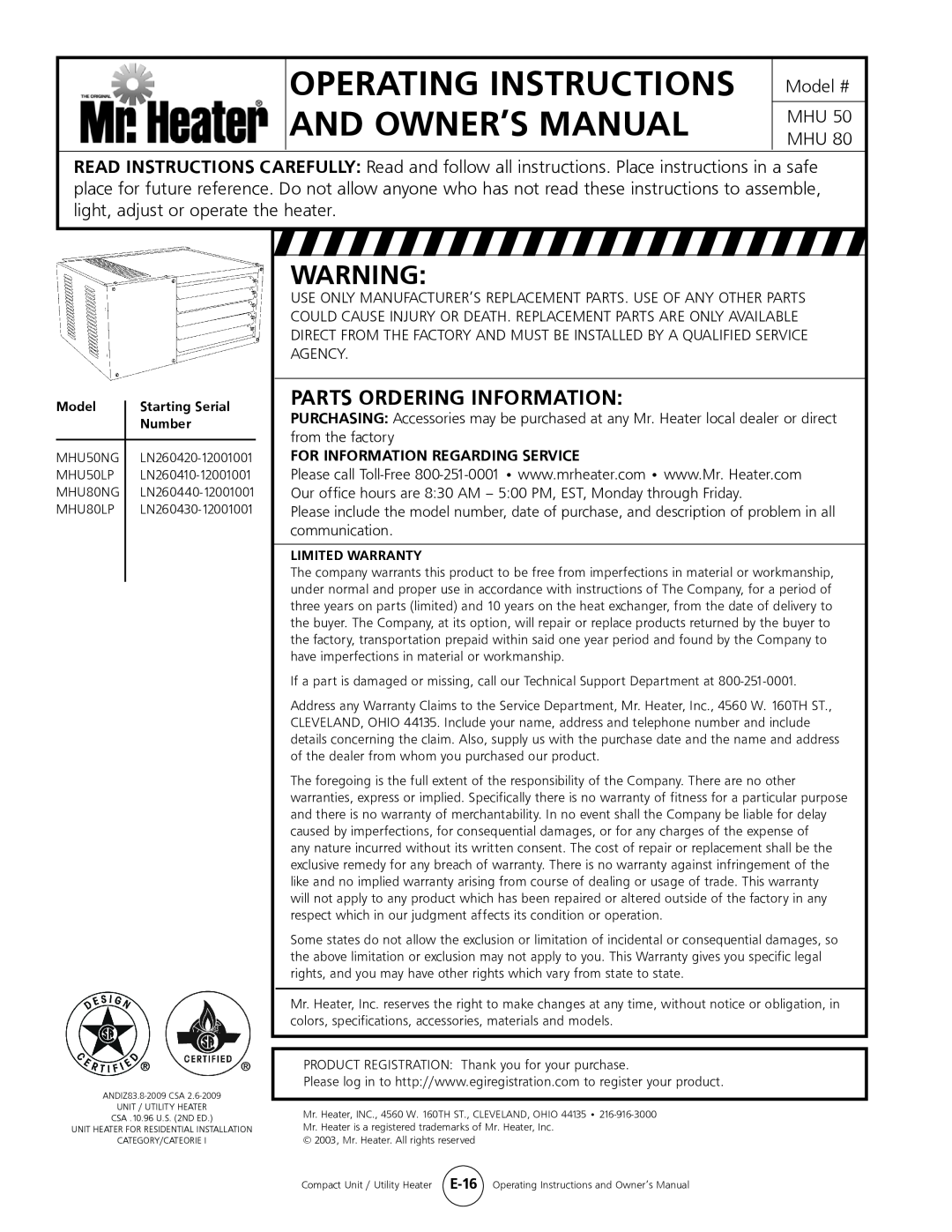 Mr. Heater MHU 80 owner manual Parts Ordering Information, Model # MHU 50 MHU, For Information Regarding Service 