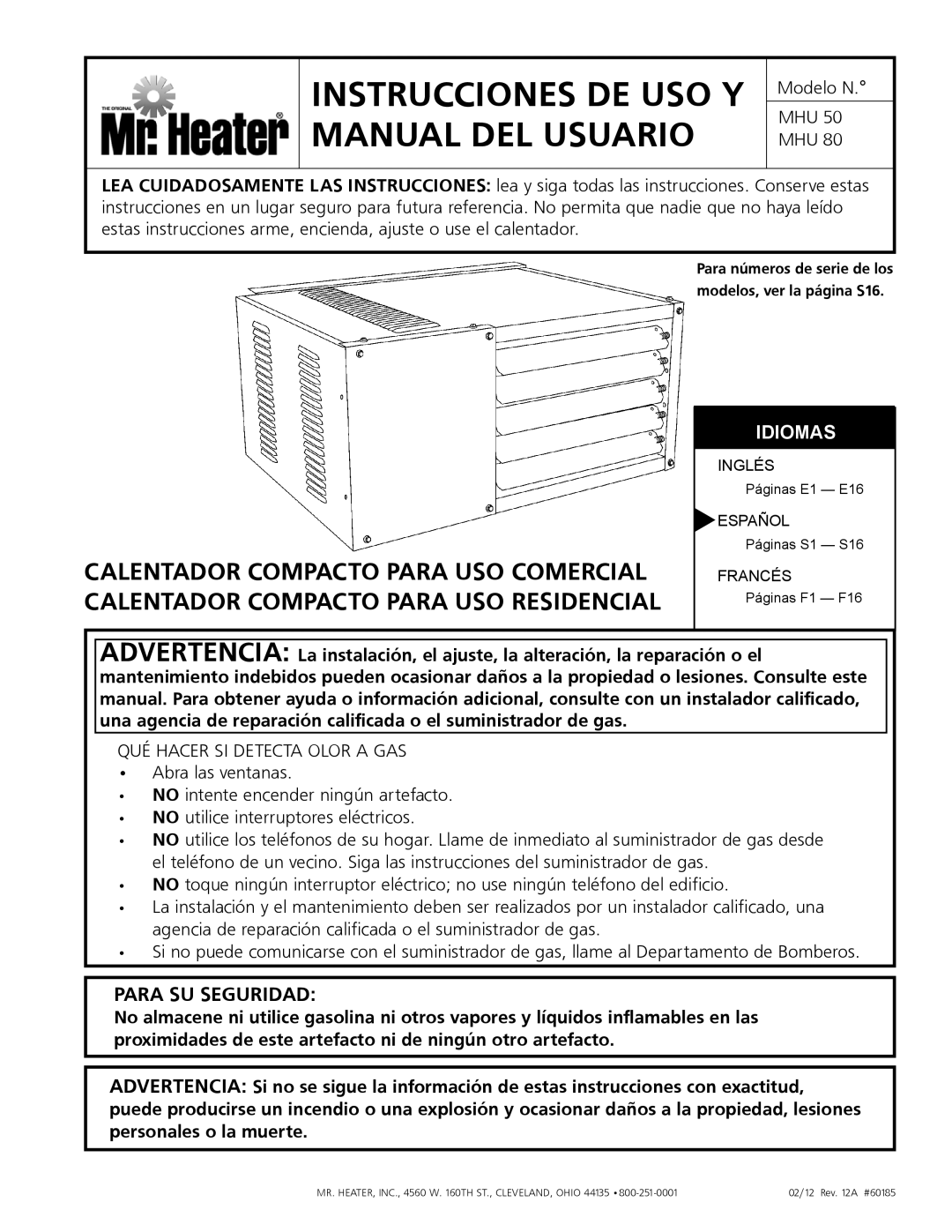 Mr. Heater MHU 80, MHU 50 owner manual Instrucciones De Uso Y Manual Del Usuario, Para Su Seguridad, Idiomas 