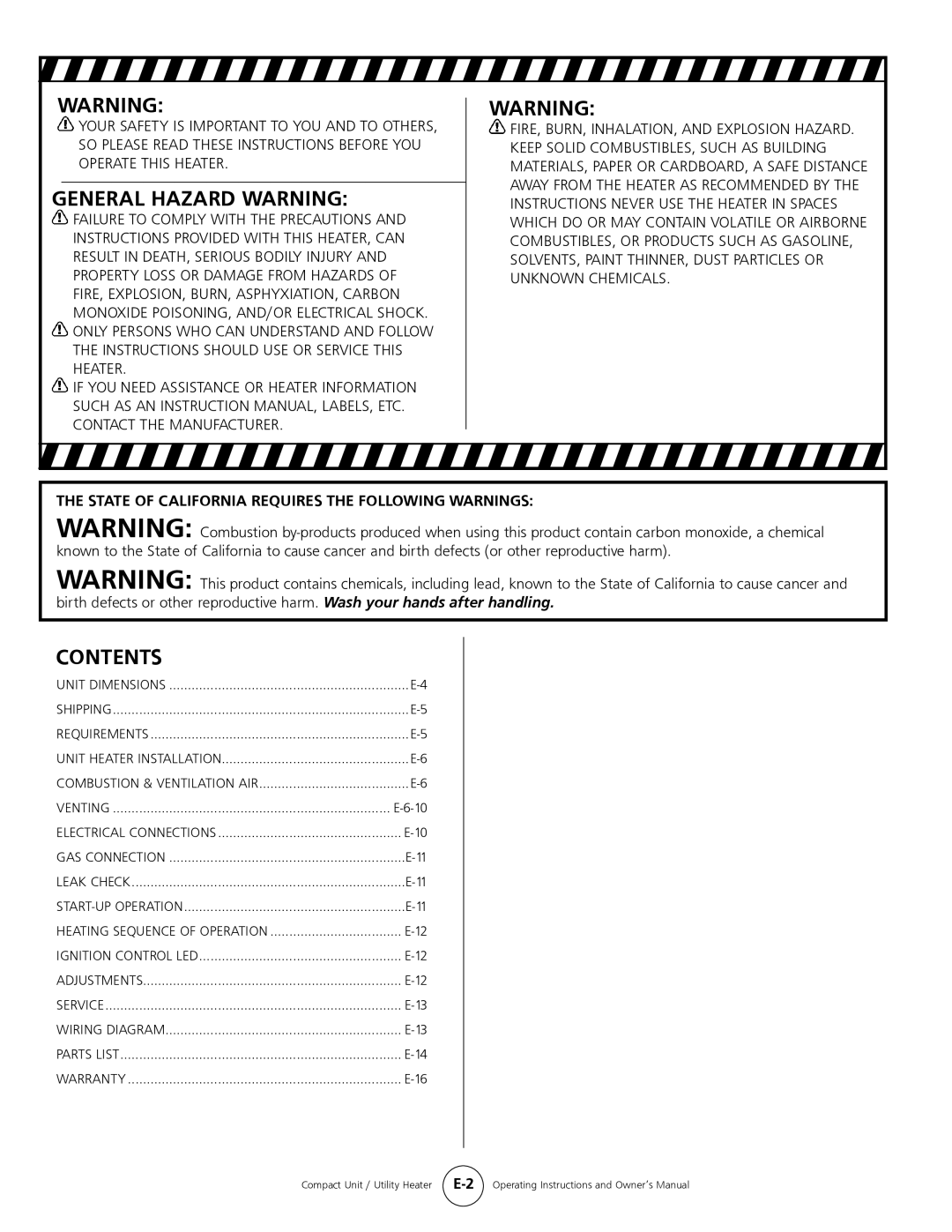 Mr. Heater MHU 50, MHU 80 owner manual General Hazard Warning, Contents 
