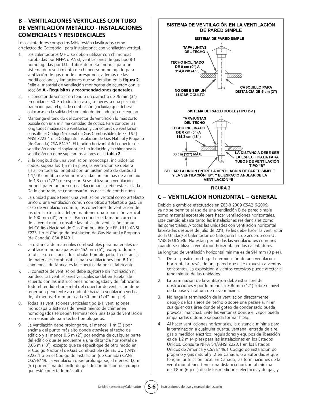 Mr. Heater MHU 50, MHU 80 owner manual C - Ventilación Horizontal - General, S-6 Instrucciones de uso y manual del usuario 