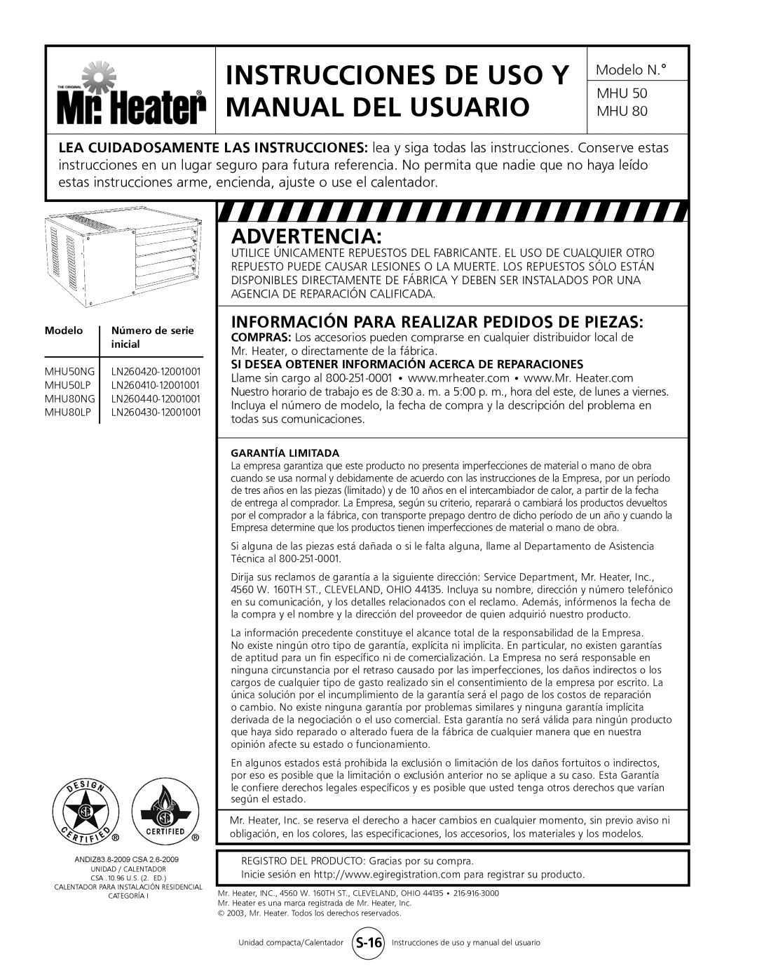 Mr. Heater MHU 50 Advertencia, Información Para Realizar Pedidos De Piezas, Instrucciones De Uso Y Manual Del Usuario 