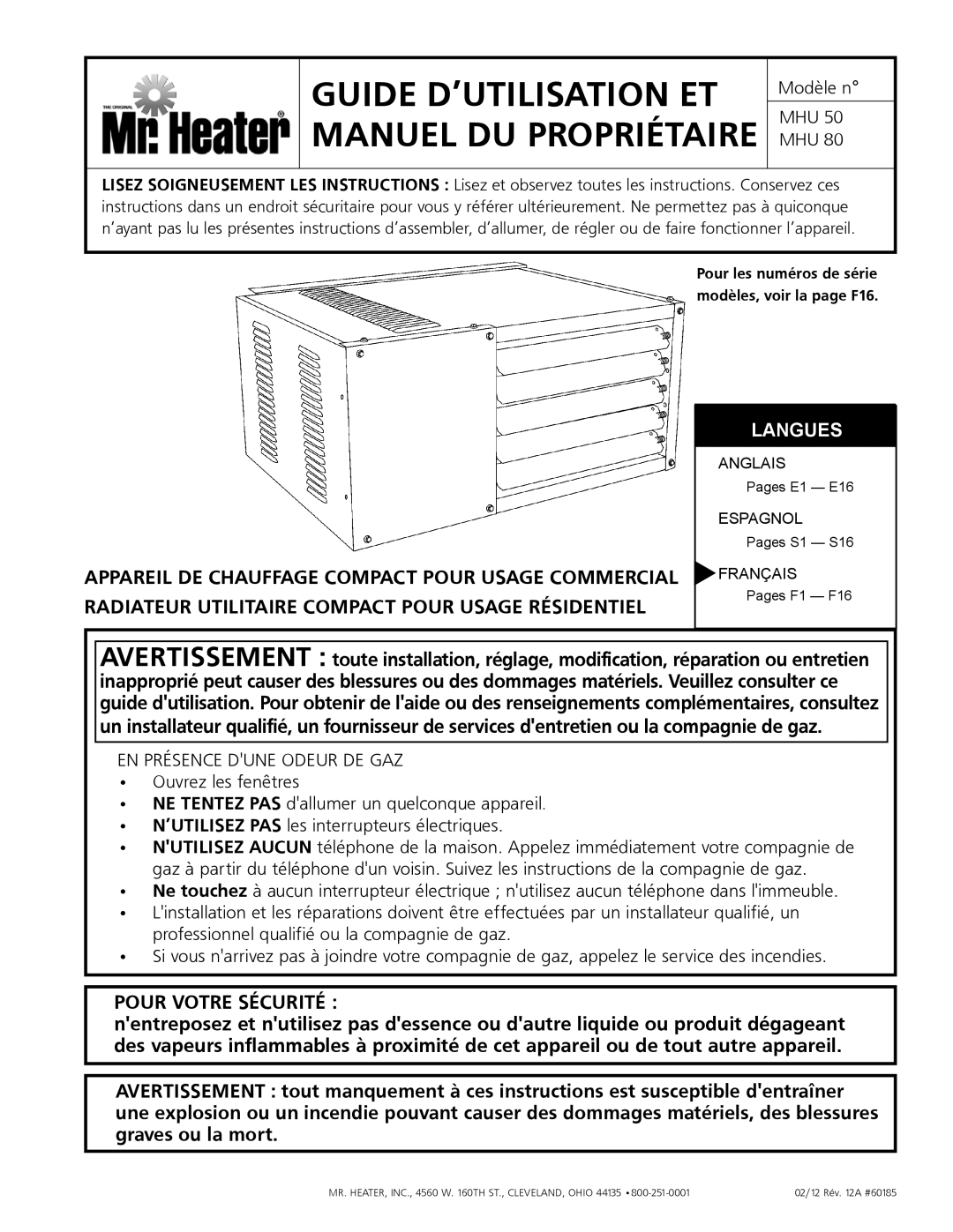 Mr. Heater MHU 80, MHU 50 owner manual Guide D’Utilisation Et Manuel Du Propriétaire 