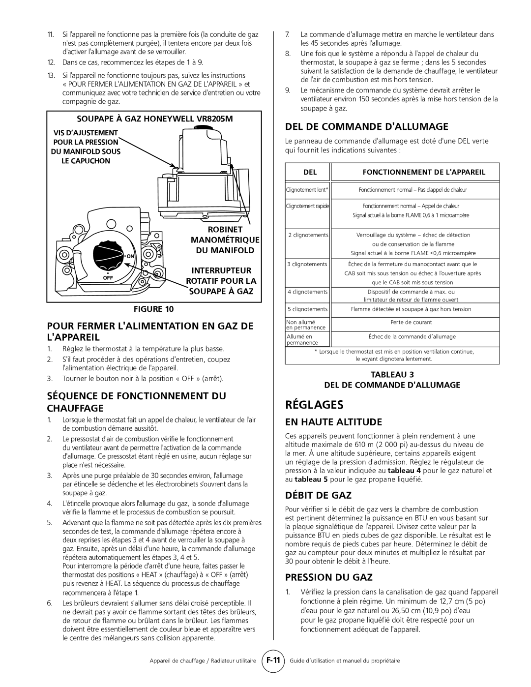 Mr. Heater MHU 80, MHU 50 Réglages, Pour Fermer Lalimentation En Gaz De Lappareil, Séquence De Fonctionnement Du Chauffage 