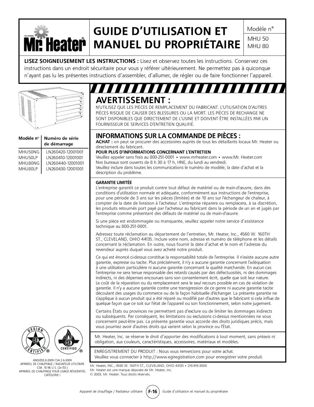 Mr. Heater MHU 50 Avertissement, Informations Sur La Commande De Pièces, Guide D’Utilisation Et Manuel Du Propriétaire 