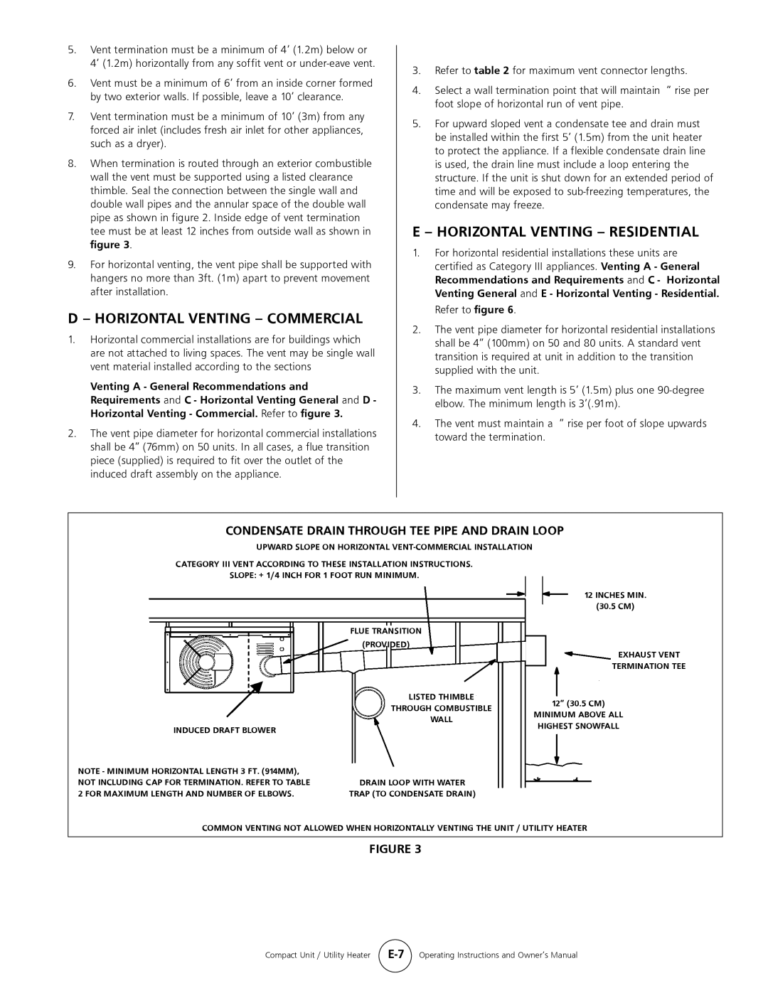 Mr. Heater MHU 80, MHU 50 owner manual D - Horizontal Venting - Commercial, E - Horizontal Venting - Residential 
