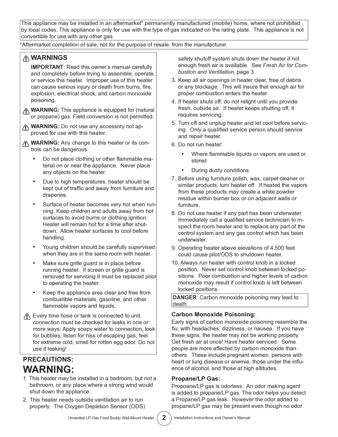 Mr. Heater MHVFB10LP installation instructions Precautions, Carbon Monoxide Poisoning, Propane/LP Gas 