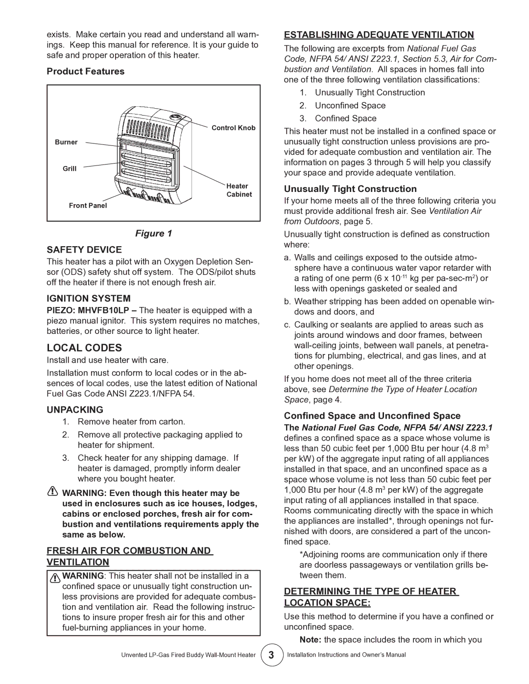 Mr. Heater MHVFB10LP Local Codes, Safety Device, Ignition System, Unpacking, Determining the Type of Heater Location Space 