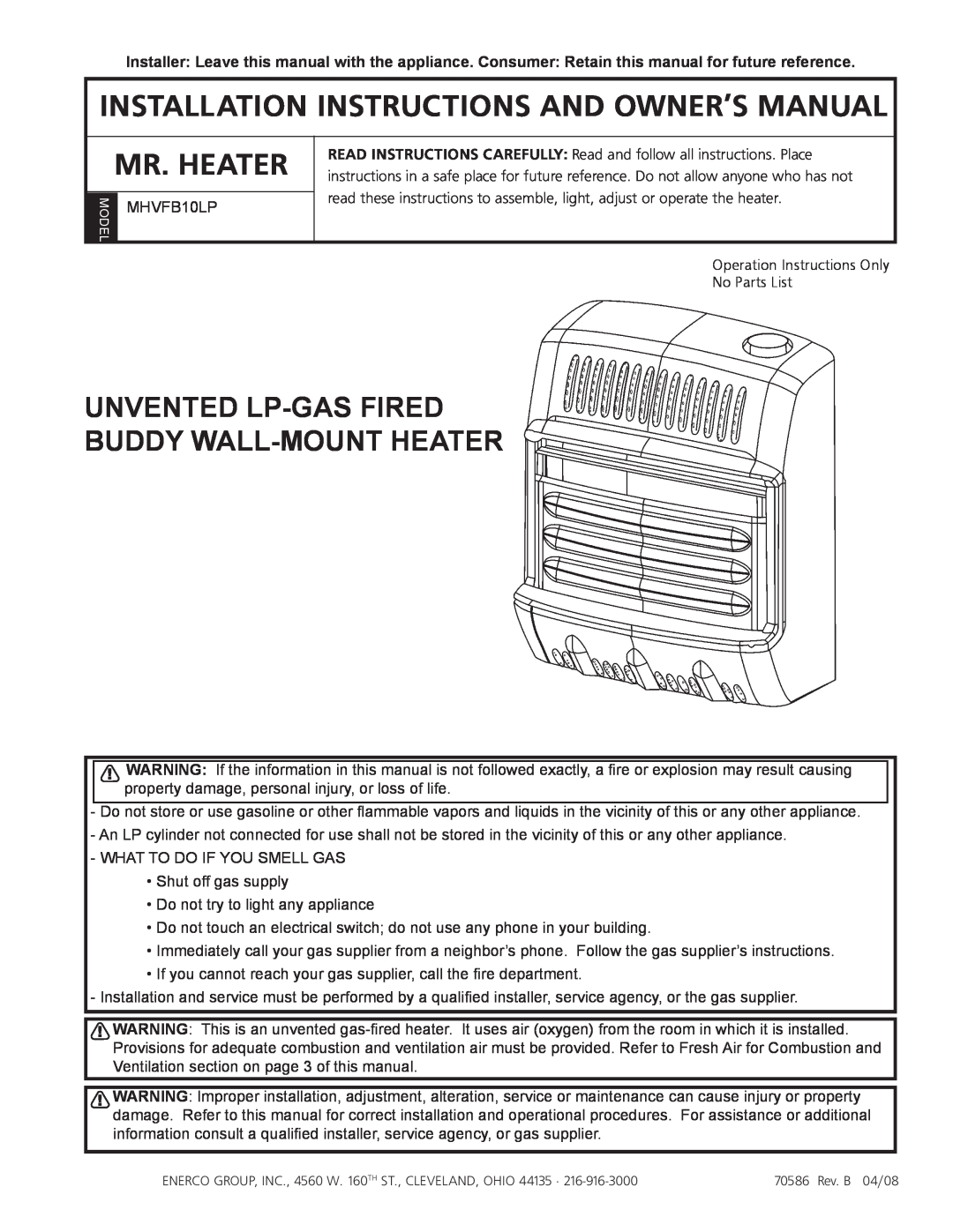 Mr. Heater MHVFB10LP installation instructions Mr. Heater, Unvented Lp-Gasfired Buddy Wall-Mountheater 