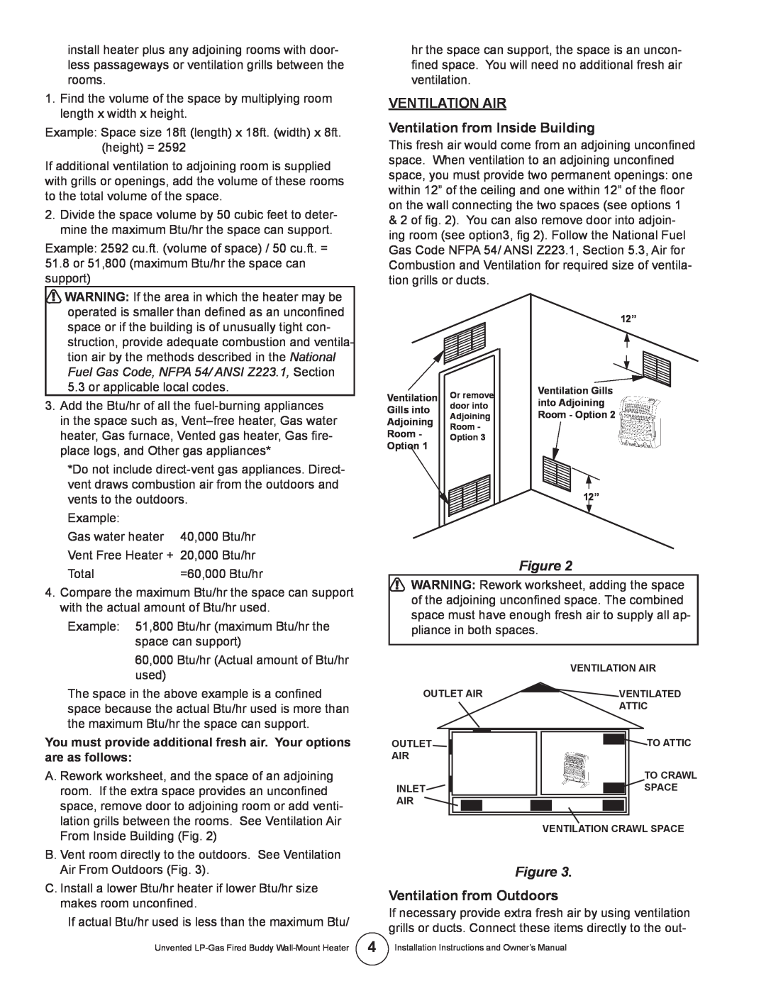 Mr. Heater MHVFB10LP installation instructions VENTILATION AIR Ventilation from Inside Building, Ventilation from Outdoors 