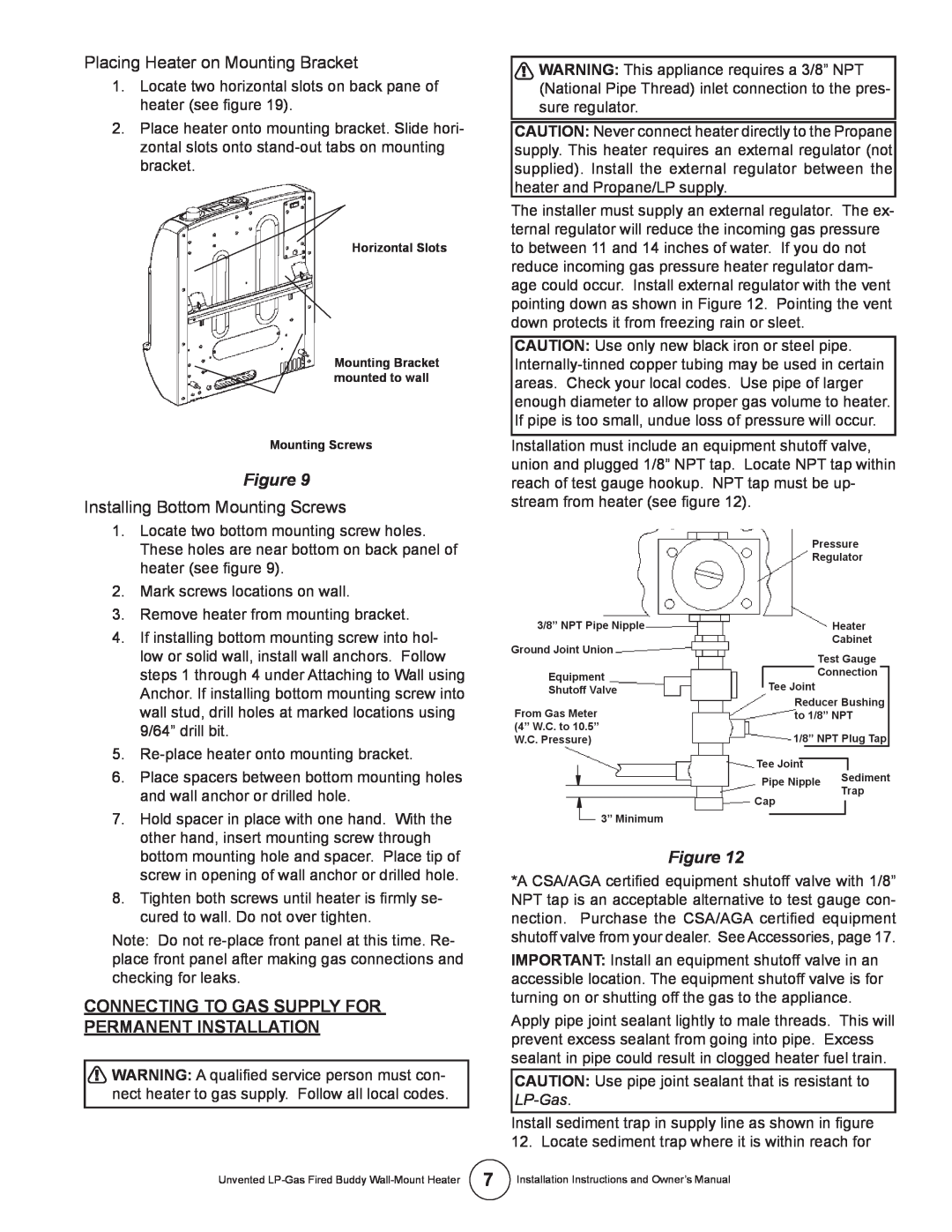 Mr. Heater MHVFB10LP installation instructions Placing Heater on Mounting Bracket, Installing Bottom Mounting Screws 