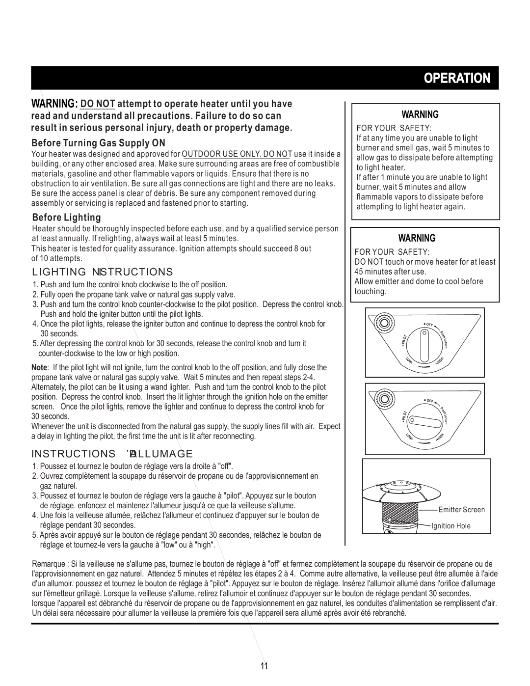 Mr. Heater SRPH02S manual Operation, Before Turning Gas Supply on, Before Lighting, Lighting Instructions 