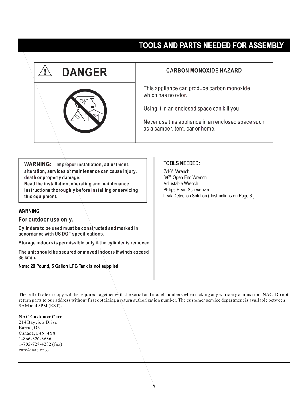 Mr. Heater SRPH02S manual Tools and Parts Needed for Assembly, Carbon Monoxide Hazard, For outdoor use only, Tools Needed 
