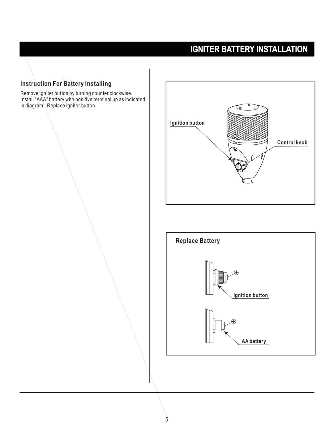 Mr. Heater SRPH02S manual Igniter Battery Installation, Instruction For Battery Installing, Replace Battery 