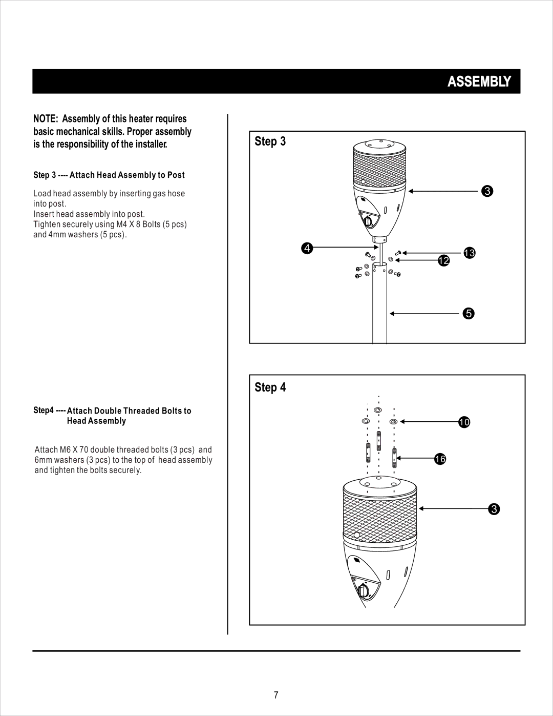 Mr. Heater SRPH02S manual Attach Head Assembly to Post, Attach Double Threaded Bolts to Head Assembly 